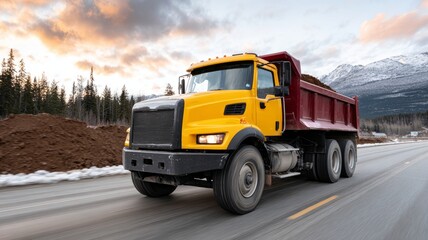 Bright yellow dump truck transporting soil on mountain highway