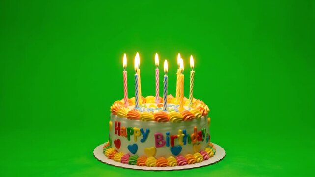Birthday cake with lit candles on green chroma key background in colorful festive lighting for celebration