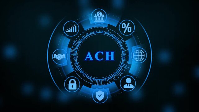 ACH financial transaction icons in digital network interface