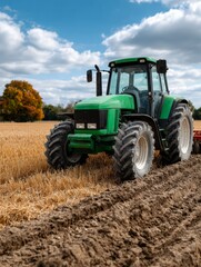 Green tractor plowing field in autumn countryside landscape