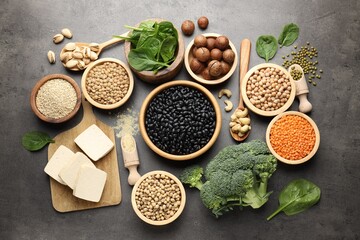 Fototapeta premium Different vegetarian food products rich in protein on grey table, flat lay