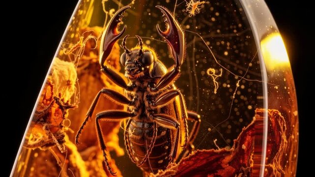 Macro close-up of a prehistoric insect preserved in golden amber. Detailed view of a fossilized bug with large mandibles trapped in glowing translucent resin. Paleontology and natural history concept
