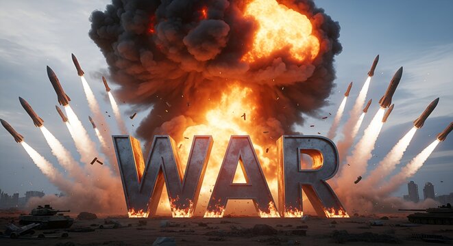 3D WAR text with a massive fire blast and dust particles, cinematic military combat scene, intense destruction and chaos, orange and grey color palette, high detail digital rendering for art.