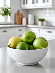 Fresh green apples and citrus fruits in modern kitchen