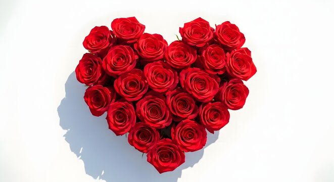 Bouquet of fresh red roses arranged in a heart shape isolated on white background