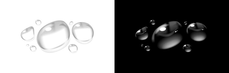 Realistic transparent water drops isolated on transparent and black background. Glossy liquid droplets with reflections and refraction. Perfect for freshness, humidity, condensation effects and design