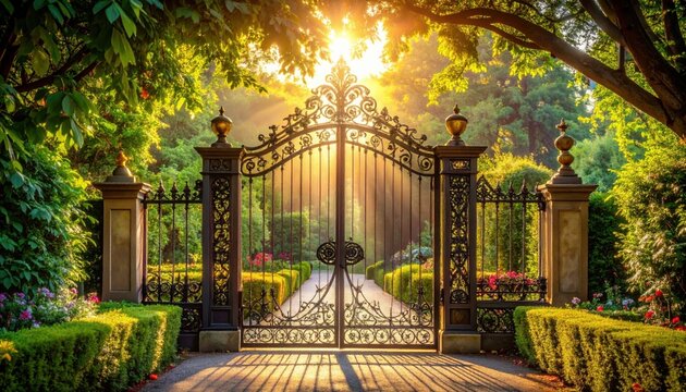 Ornate gilded wrought iron gate with elaborate scrolling patterns leading to a sunlit garden pathway