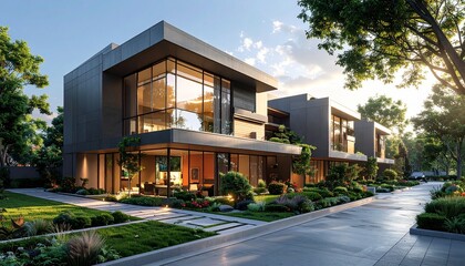 Fototapeta premium Modern Luxury Home Exterior with Lush Landscaping and Architectural Design.