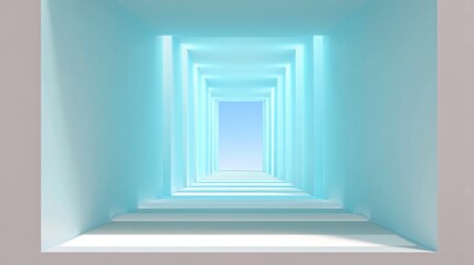 Fototapeta premium Abstract perspective view of a luminous corridor with soft blue light illuminating the space and open sky outside