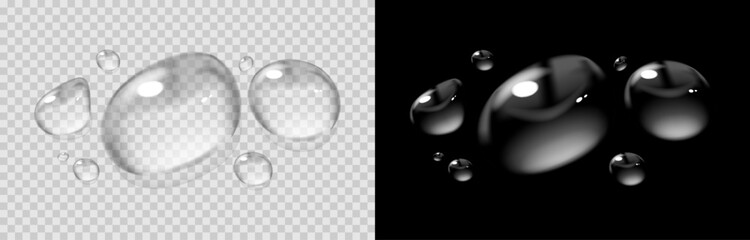 Realistic transparent water drops isolated on transparent and black background. Glossy liquid droplets with reflections and refraction. Perfect for freshness, humidity, condensation effects and design
