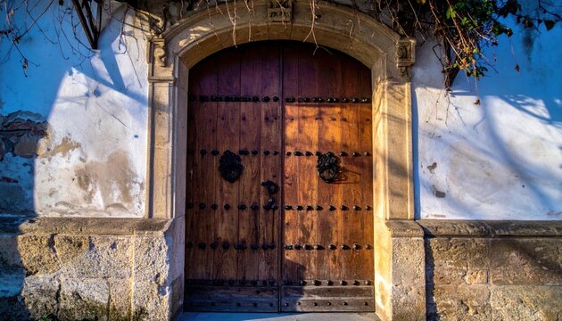 Ancient wooden double door with ornate iron hardware and weathered texture set within a stone archway.