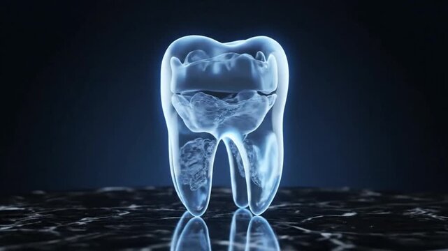 Glowing digital motion footage illustrating the internal structure and nerve channels of a human molar tooth