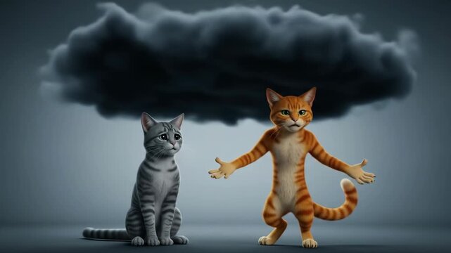 Two cats under a dark cloud, one grey and one orange, representing contrasting moods and perspectives.