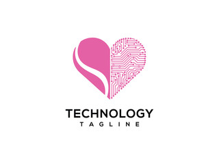 Pink Technology Heart Logo Digital Love Circuit Board Design Icon.
