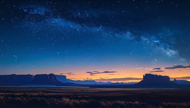A breathtaking panoramic view of a desert landscape at dusk