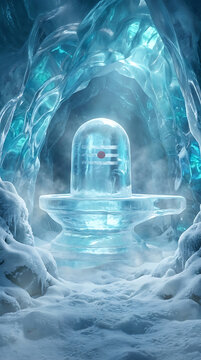 Divine ice shivling glowing in a frozen cavern with snow and mist for mahadev and maha shivratri celebration in a cold and peaceful winter atmosphere