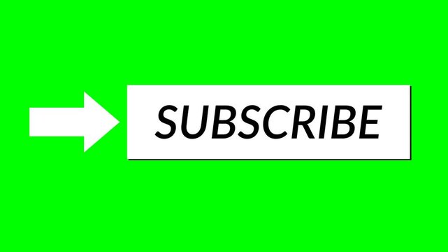 4k seamless looping motion graphic of black subscribe text on a white rectangle being repeatedly pointed by a cursor arrow, isolated on a green screen background for easy video layering