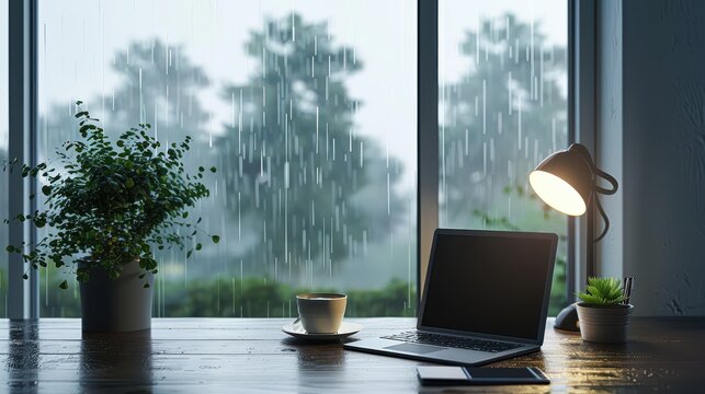 Laptop and coffee mug beside window during heavy rain outside