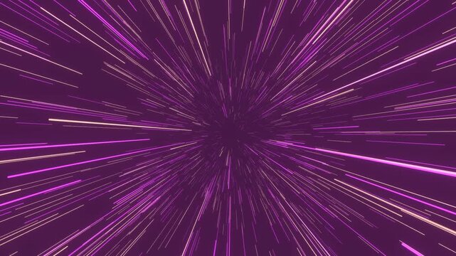 Vibrant neon purple and pink light trls converging into a central point creating a sense of rapid movement through a digital tunnel