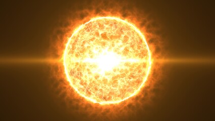 Beautiful round bright sphere glowing orange fiery star burning with magical energy plasma on a black space background. Abstract background © Bolbik