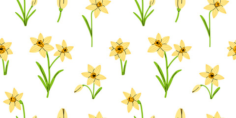 Vector seamless pattern with yellow daffodil flowers on white background. Bright spring narcissus floral print for wallpaper, wrapping paper, textile, fabric, bedding, gift packaging and easter decor.