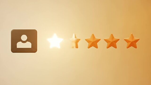 Stylized five-star rating with a brown profile placeholder on a beige gradient background