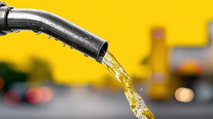 Fuel nozzle pouring gasoline with blurred urban background against yellow sky