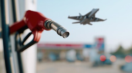 Airplane model and fuel pump nozzle representing aviation and fuel industry concepts