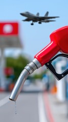 Red fuel nozzle dripping with jet in background at gas station