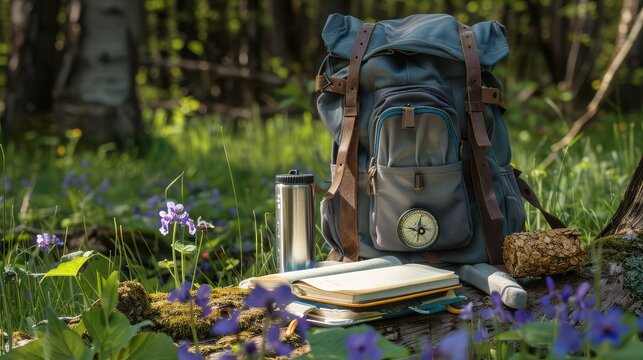 Hiking backpack with notebook and thermos in woodland clearing