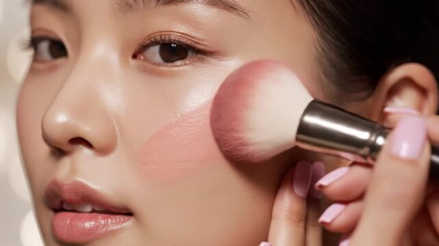 Woman applying blush with brush closeup.