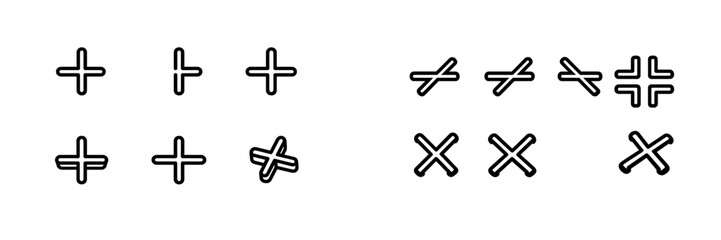 Obraz premium Collection of black line mathematical symbols including plus signs and cross marks in various perspectives and styles on a white background