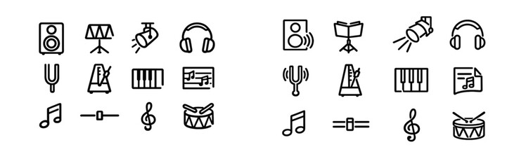 Music and audio equipment line icon set featuring headphones speaker metronome piano keys and musical notes on white background © PAPA STOCK