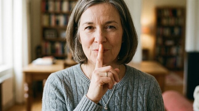Mature woman shushing for quiet and privacy
