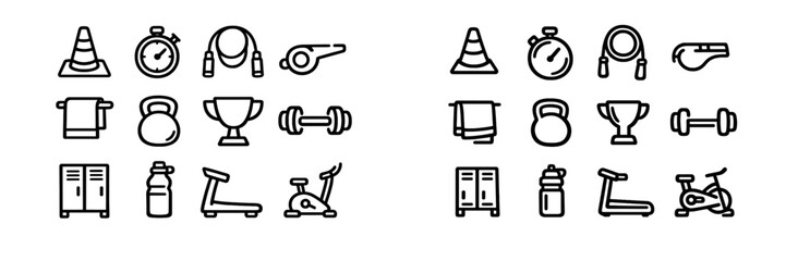 Obraz premium Fitness and gym equipment line icons set featuring stopwatch kettlebell dumbbell treadmill and sports accessories on white background