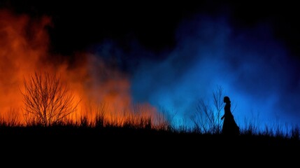 Fototapeta premium Mysterious silhouette of a woman walking amidst vibrant smoke clouds in contrasting colors of orange and blue at night