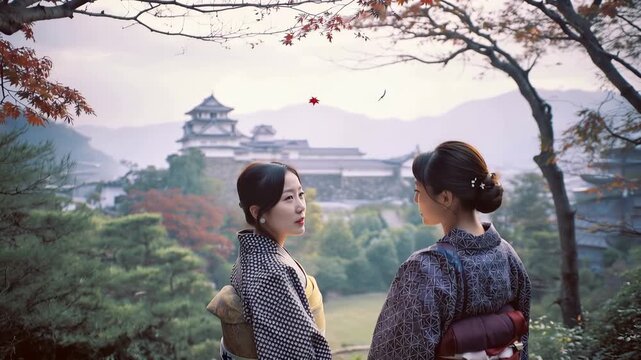 女性が紅葉の並木越しに城を眺める、和柄の着物、朝の柔らかい光