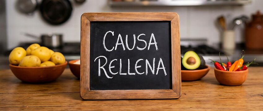 Chalkboard sign for Causa Rellena with fresh ingredients