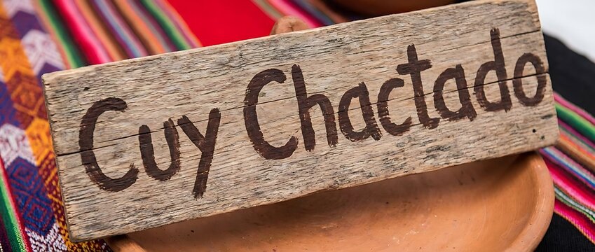 Rustic Wooden Cuy Chactado Sign with Traditional Andean Fabric