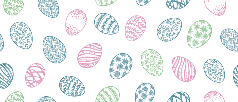 Seamless Pattern of Hand-Drawn Pastel Easter Eggs