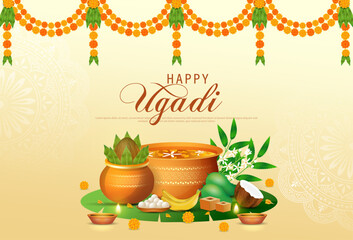 Naklejka premium Happy Ugadi, New Year's Day according to the Hindu calendar - poster template design including Kalash, banana leaf, green mango, flowers, rangoli.
