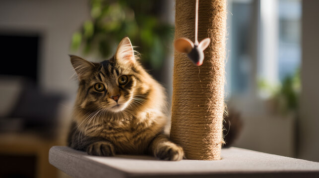 Fluffy house cat resting on scratching post platform with toy mouse pet lifestyle scene showing a fluffy domestic long-haired cat sitting calmly on a cat tree platform beside a sis