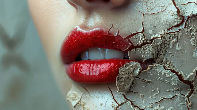 Cracked dry lips with red lipstick as skincare dehydration concept