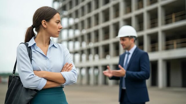 Frustrated businesswoman argues with construction manager at building site.