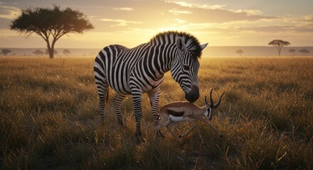 Obraz premium Zebra and gazelle in a natural grassland setting at sunset
