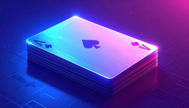 A stack of holographic playing cards with ace of spades prominently displayed, shimmering with neon light effects