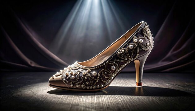 Exquisite embroidered velvet slipper shoe adorned with pearls and metallic thread on a wooden surface
