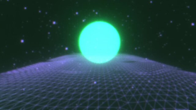 Futuristic abstract digital wireframe terrn with a glowing cosmic orb floating above a dark starry space background