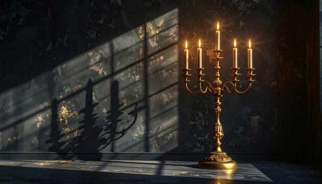 Ornate gold plated candelabra with seven flickering candles casting dancing shadows in dramatic lighting