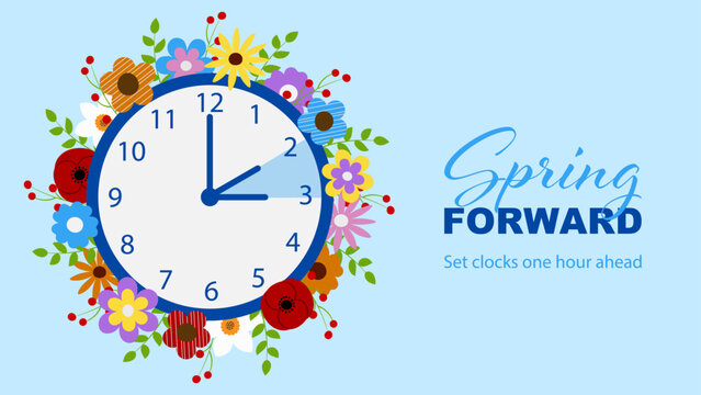 spring forward banner  with flat clock, leaves and flowers